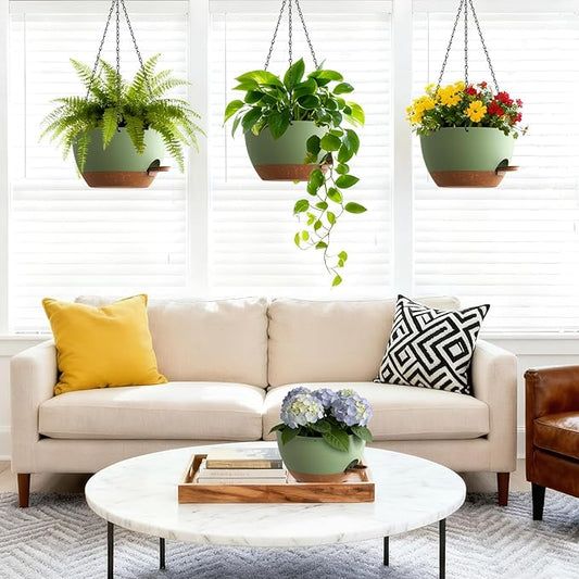 Set of 3-10 Inch Self Watering Hanging Planters for Indoor & Outdoor,Hanging Plant Pots with Drainage & Removable Tray, Hanging Pots Holder for Ivy, Ferns, Balcony & Patio, Green and Brown