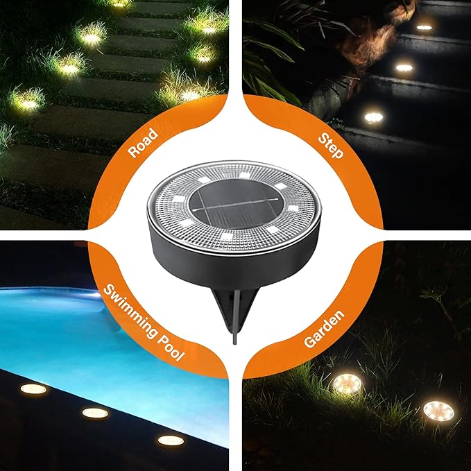 Siatom Solar Ground Lights 8 Pack, IP68 Waterproof Solar In-Ground Light for Outdoor, Flat Landscape Lighting, Garden Disc Light for Pathway, Walkway, and Yard - 8 Pcs (Warm White)