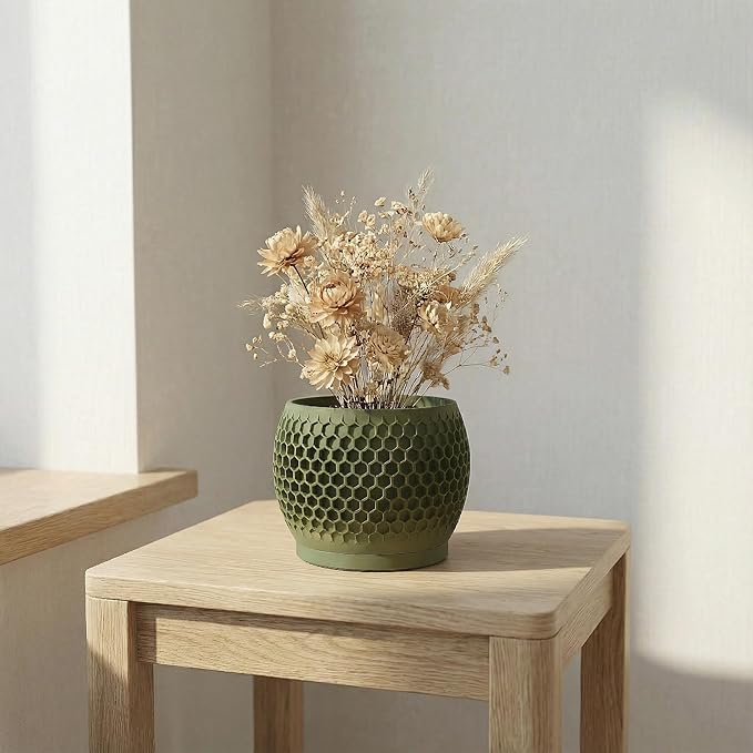 Plant Pots, Modern 3D Printed Honeycomb Planters for Indoor Plants, 4.7 Inch Military Green Decorative Flower Pot for Office Desktop, Bookshelf & Home Decor, Lightweight & Durable.