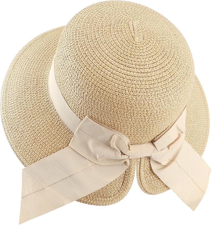 DRESHOW Sun Hats for Women Travel Fedora Foldable Beach Sun Hat Summer Wide Brim Straw Bucket Hat with Bowknot UPF 50+
