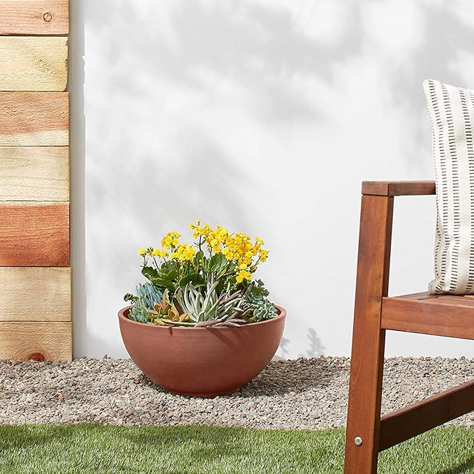 PSW Pot Collection 12x6 inch Plastic/Stone/Wood Composite Square Planter – No Drainage Hole (Drillable), Simplicity Bowl, Terra Cotta Color