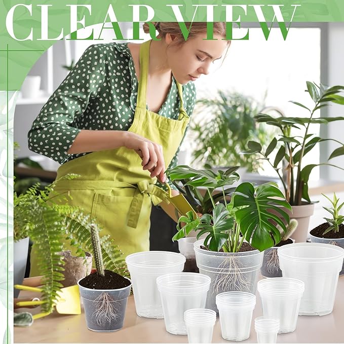 Vesici 24 Pcs 3/4/5/6/7/8/9/10 Inch Large Size Clear Nursery Pots Variety Pack Plant Pots with Drainage Holes Planters for Indoor Plants Flexible Transparent Plastic Plant Bottle Succulents