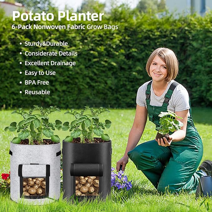6 Pack Potato Grow Bags, 10 Gallon Planting Bags Large Fabric Pots with Flap Window Vegetable Planter Garden Pot Tall Potato Growing Containers with Handles for Vegetables, Fruits, Black + Grey