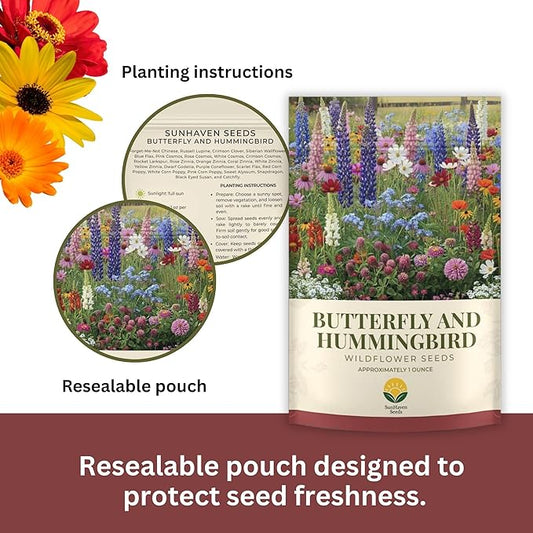 Butterfly and Hummingbird Wildflower Mix – 30,000+ Seeds – 1 oz Bulk Extra Large Resealable Packet – Non-GMO Open Pollinated Wildflower Seeds