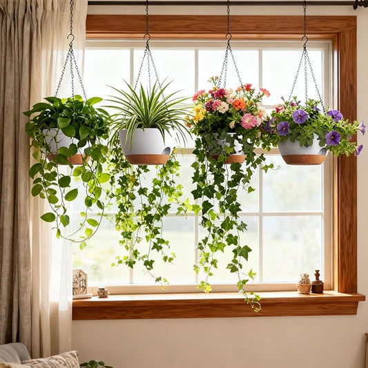 4 Pack 8 Inch Self Watering Hanging Planters for Indoor Outdoor Plants,Hanging Pots for Plants with Drainage Removable Tray, Hanging Baskets Flower Pots for Pothos Garden Porch White with Brown