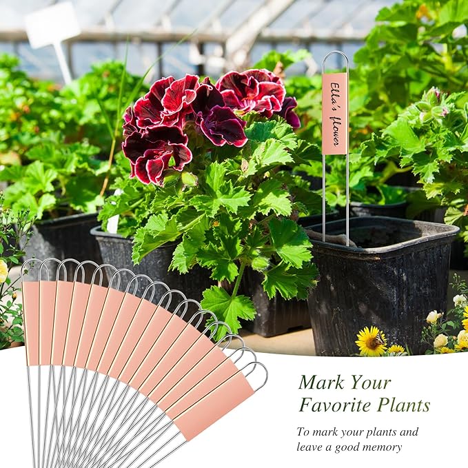 Moxweyeni 61 Pieces Metal Plant Tags Kit 30 Pieces Copper Metal Plant Labels 30 Rainproof Pet Films 1 Marker Pen Reusable Planting Garden Markers Nursery Tags (U Shape)