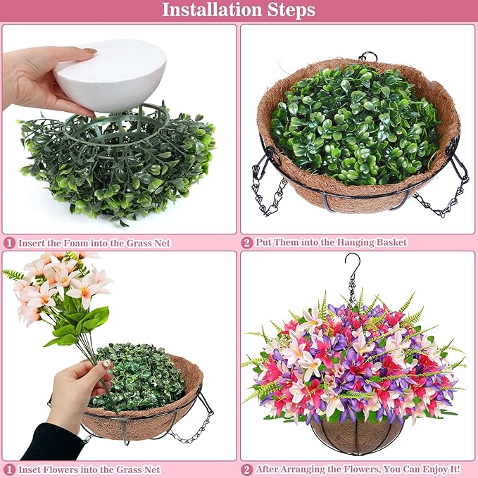 Faux Hanging Plants Flowers Basket Hyacinth & Boston Ferns for Outdoor Outside Spring Summer Decoration, UV Resistant Colorful Fake Silk Flower Hanging Planter for Porch Home Patio Balcony Yard Decor
