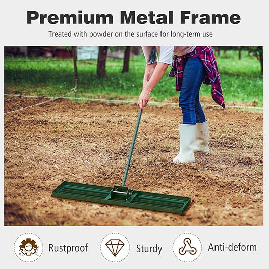 42" x 10" Lawn Leveling Rake, Heavy Duty Landscape Rake with 67" Handle, Non-Slip Grip & Flat Head, Space-Saving Lawn Level Tool for Garden, Backyard, Golf Course & Sports Field(Green)