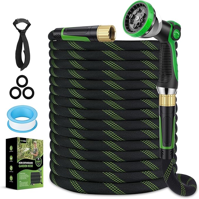 Non-Expanding Garden Hose 100 ft, Lightweight Hose & Flexible Water Hose With 10-Pattern Spray Nozzle, Kink-Free Design, Durable Leakproof Yard Outdoor Hose, Portable Storage Strap, 100 Feet