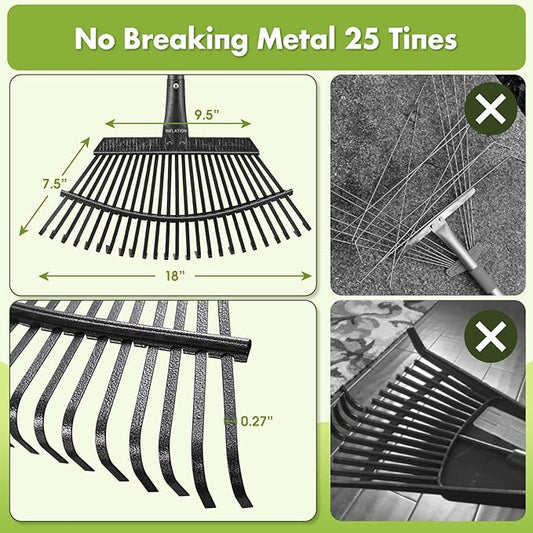 INFLATION Garden Rake for Leaves Heavy Duty Women Men Grandpas for Lawns,79” Length 18” Width Adjustable 25 Tines Sturdy Metal Yard Leaf Rakes with Non-Slip Comfortable Smooth Long Handle