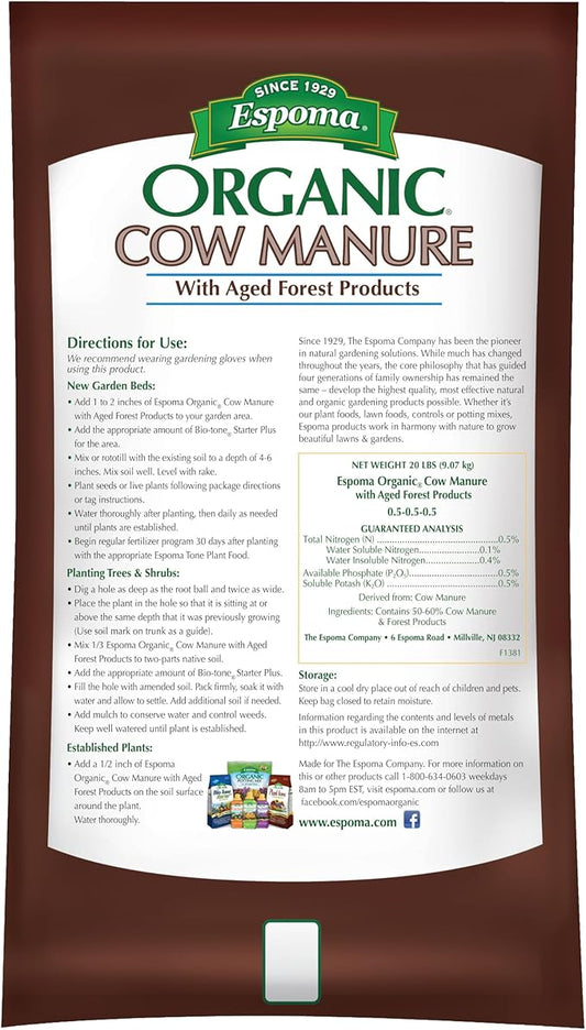 Espoma Organic Cow Manure with Aged Forest Products - 1 Cubic Foot Bag. Soil Amendment & Fertilizer for use When Planting Vegetables, Flowers, Trees & Shrubs.