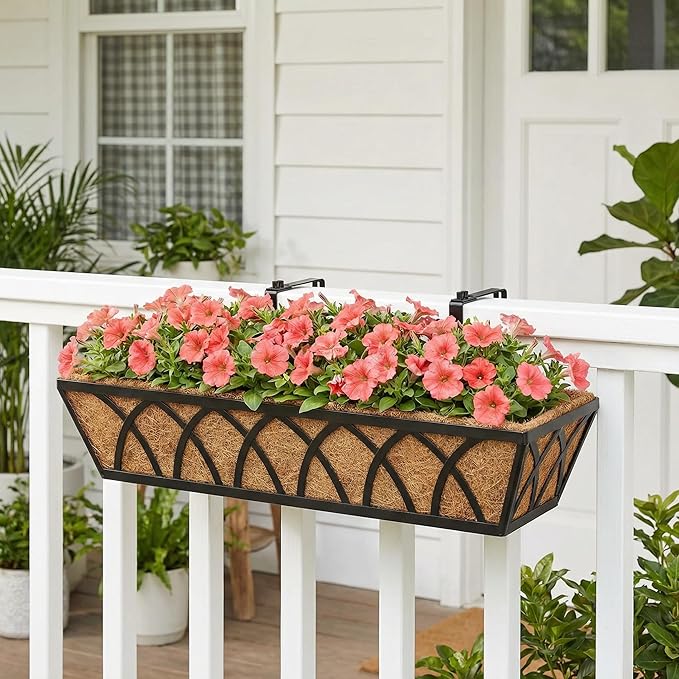 Y&M 24 Inch Fence Metal Hanging Flower Planter Window Basket Deck Railing Planter Boxes for Outdoor Garden Lawn, Window Deck with Coco Liner,6pcs