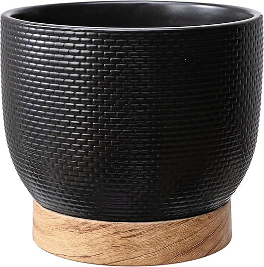 8 Inch Black Woven Ceramic Planter Pot with Wood Grain Base, Indoor Outdoor Flower Pot with Removable Drainage Hole, 3.5 Qt Capacity for Herbs, Succulents, Patio & Home Decor