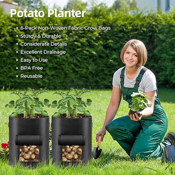 6 Pack Potato Grow Bags, 10 Gallon Planting Bags Large Fabric Pots with Flap Window Vegetable Planter Garden Pot Tall Potato Growing Containers with Handles for Vegetables, Fruits and More, Black
