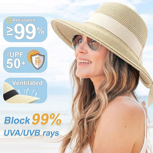 DRESHOW Sun Hats for Women Travel Fedora Foldable Beach Sun Hat Summer Wide Brim Straw Bucket Hat with Bowknot UPF 50+