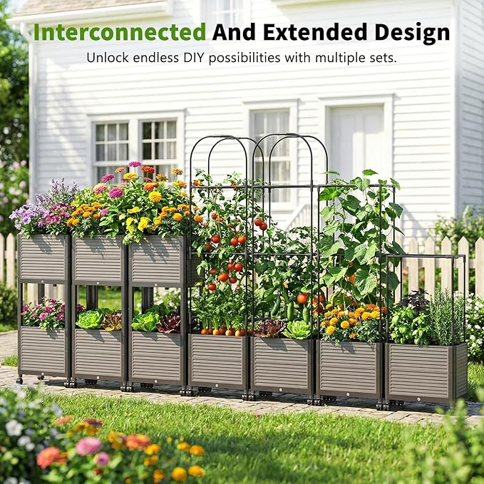 DoCred 60" H Raised Garden Bed Planter Box with Wheels, 4 Pack Tomato Cage Planter Raised Garden Bed with Trellis for Climbing Vegetables Plants Tomato Cage, Indoor Outdoor Use