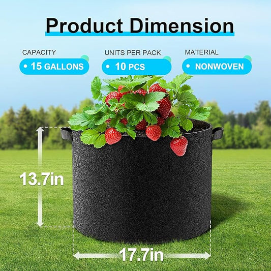 Land Guard 10-Pack Fabric Grow Bags 15 Gallon, Thickened Nonwoven Garden Pots, Growing Bags with Handles, Black