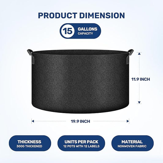 Simple Deluxe 12 Pack 15 Gallon Grow Bags, 300G Vegetable/Flower/Plant Fabric Pots with Handles, Heavy Duty Thickened Nonwoven Planting Bag with 12 Pcs Plant Labels