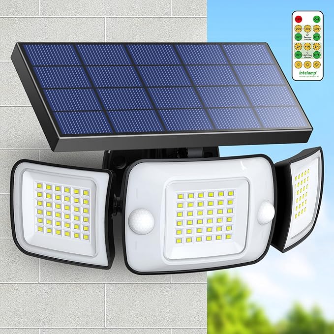 intelamp Outdoor Solar Light Waterproof, 6000mAh 1200LM Motion Sesnsor Flood Lights with Dual Sensor, 4 Modes Remote Control, 270° Wide Angle Security Light for Garden Garage Yard Pathway Farm