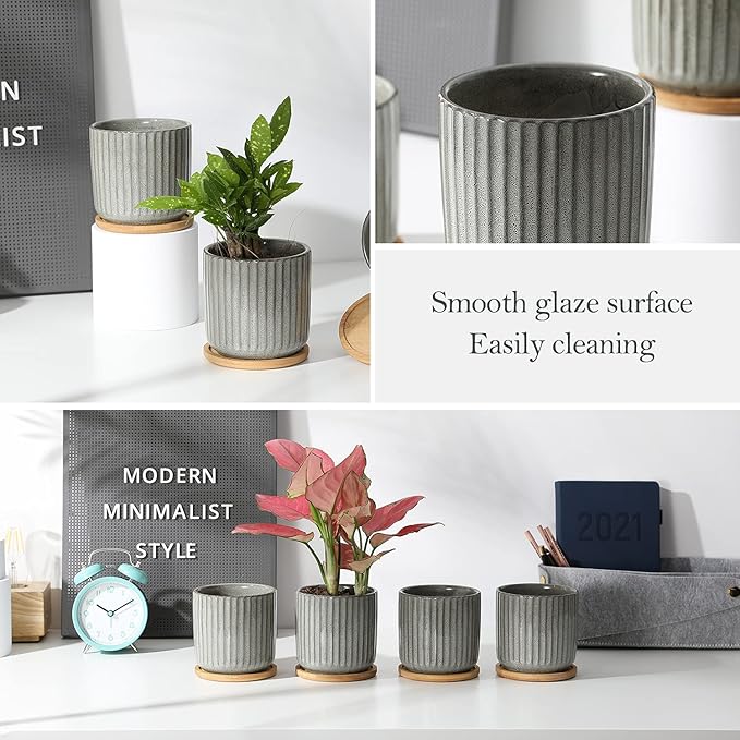 TAMAYKIM 4 Inch Cylinder Ceramic Plant Pots with Drainage Holes & Saucers, Vertical Glazed Green Grey Small Boho Planters with Trays for Indoor Flower, Snake Plants, Succulent, Cactus, Set of 4