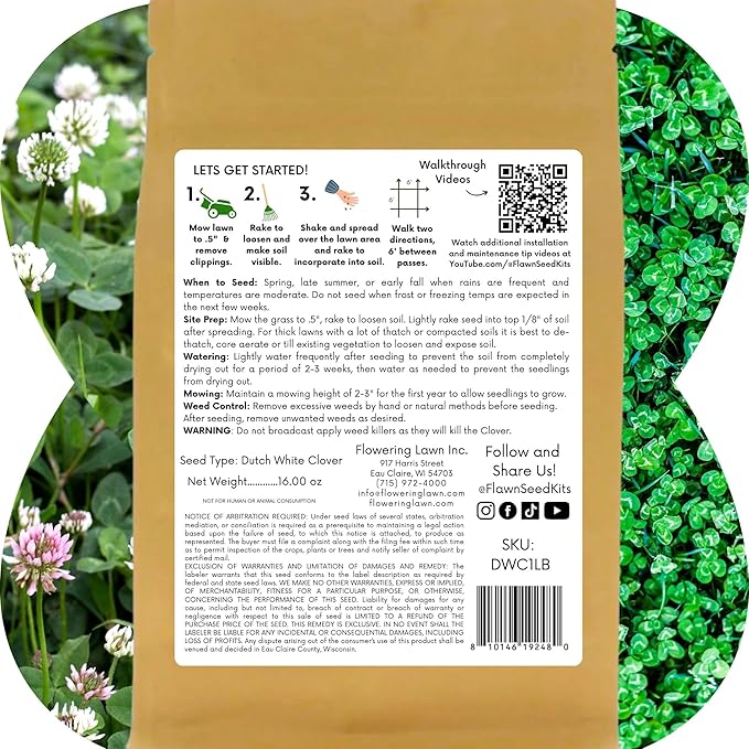 Flawn Seed Kits White Dutch Clover Seed, 1 Lb, Organic Coated, Natural Lawn, Ground Cover, Hunting Food Plot, Covers up to 3,600 Sqft