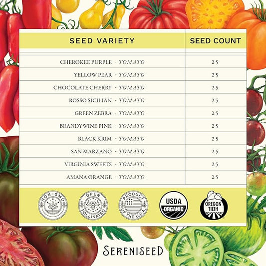 Sereniseed Certified Organic Tomato Seeds (10-Pack) – Non GMO, Open Pollinated – Cherokee Purple, Chocolate Cherry, Green Zebra, Brandywine Pink, Black Krim and More - Tomato Seeds for Planting