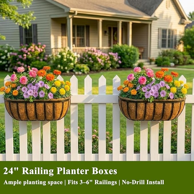 36 Inch Railing Planter Boxes 2 Pack Metal Window Box Planters with Coco Coir Liners, Horse Trough Planter with Adjustable Brackets for Deck Balcony Fence Porch Patio Outdoor Garden
