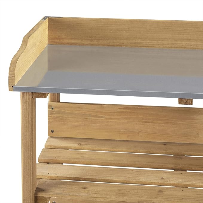 Yaheetech Outdoor Garden Potting Bench Table Wooden Horticulture Planting Worstation w/Metal Tabletop/Storage Shelf/3 Hooks, Natural Wood