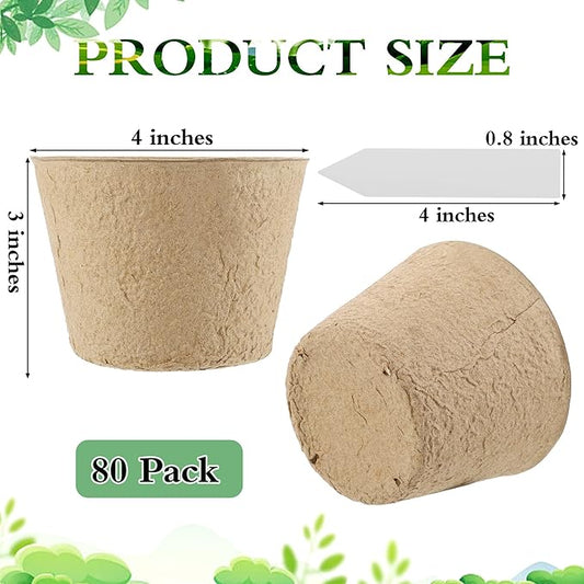 80 Pieces Peat Pots Seed Starters 4 Inch Peat Pots Round Biodegradable Seed Starting Pot with 80 Plant Labels, Planter Nursery Pot with Drainage Holes for Vegetable Seeds