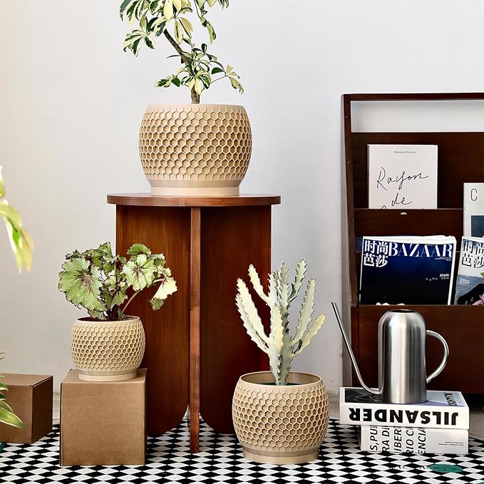 Plant Pots, Modern 3D Printed Honeycomb Planters for Indoor Plants, 4.7/6/8 Inch Wood Decorative Flower Pot for Office Desktop, Bookshelf & Home Decor, Lightweight & Durable