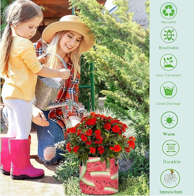 3 Gallon Summer Fresh Red Watermelon Breathable Grow Bag Heavy Duty Thickened Plant Pot Containers with Handles for Tomato Potato Fruits Vegetables Flowers