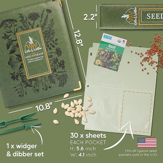 Willow and Wildflower Garden Seed Organizer Binder, Seed Storage Organizer, Garden Binder Book for Packet Storage Catalog Can Store 120 Packets with Dibber and Widger (Moss Green)