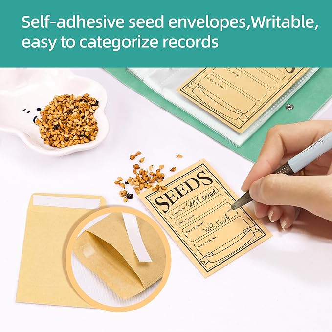 Seed Storage Organizer, 50 Pockets Seed Sleeves Binder with Envelopes Garden Seed Organizer Storage,Seed Packet Organizer Seed Collecting Template for Vegetable (Green, 3.5" x 5.12"- Pocket)