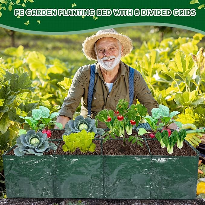 Woanger 4 Pcs Fabric Raised Garden Beds Planters 35 Gallon Plant Grow Bags with 8 Grid, Drainage Holes Vegetable Planter Rectangle Garden Containers for Vegetables Outdoor Fabric Pots for Flower Fruit