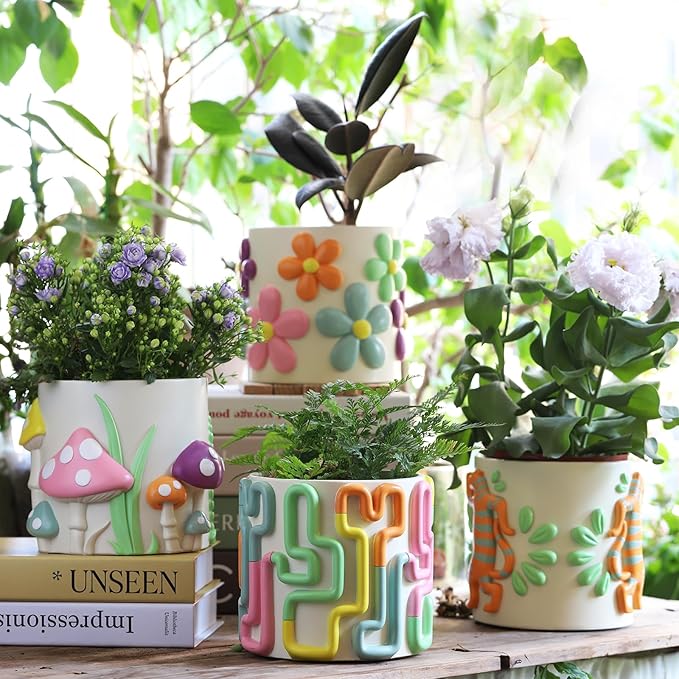 GUGUGO Colorful Mushrooms Planters Cute Unique Rainbow Planter with Drainage, Vintage Retro Flower Plant pots for Indoor Plants, Eclectic Succulent Gardening Pot for Boho Modern Home Décor (C,5 Inch)
