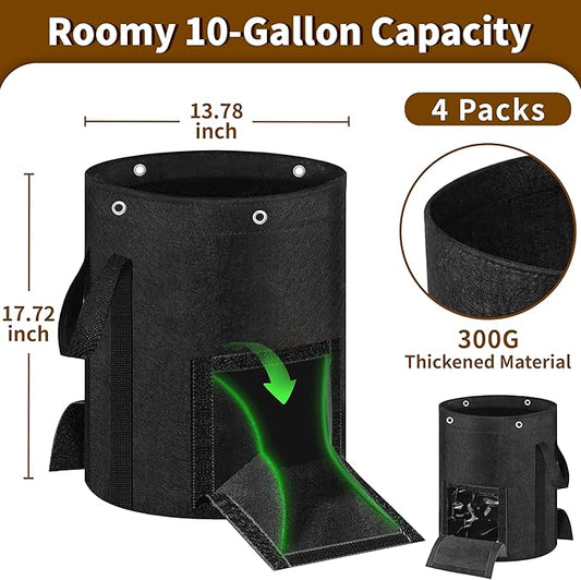 10 Gallon Grow Bags 4-Pack with Viewing Window & Harvest Flap, Heavy Duty Non-Woven Fabric Potato Grow Bags with Reinforced Handles for Vegetables, Tomatoes, Carrots, Onions