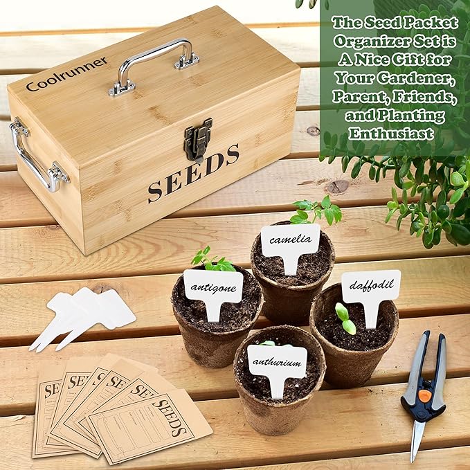 Coolrunner Wood Seed Saving Box, Seed Storage Organizer Case, Seed Packet Storage Organizer with Lock and 3 Handles, 30P Plant Labels, 30P Seeding Envelopes Bag (Natural Wood Color)