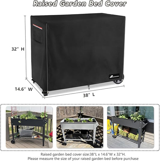 Raised Garden Bed Cover,Heavy Duty 600D Waterproof Elevated Wood Planter Box Stand Cover for Winter,Planter Raised Beds Covers (Black, 38 x 14.6 x 32)