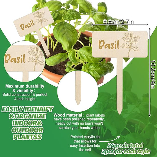 JarThenaAMCS 24Pcs Wooden Plant Label Signs 12 Styles Garden Herb Markers Wood T-Type Tags Reusable Plant Stake Tags with Names for Nursery Indoor Outdoor Garden Decor