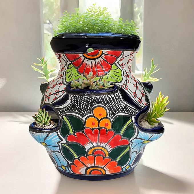 Evergreen Garden Talavera Mexican Strawberry Pottery Ceramic 10 inch Plant Pots | Flower Pots for Indoor Plants | Succulent Planters (10 in. Sky Blue)