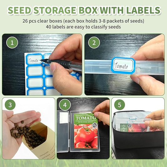 Boczif 16 Slot Seed Storage Organizer Box with Insulated Bag, Envelopes Bag and Label Stickers, Garden Seed Container for Packets, Plant, Flower, Vegetable