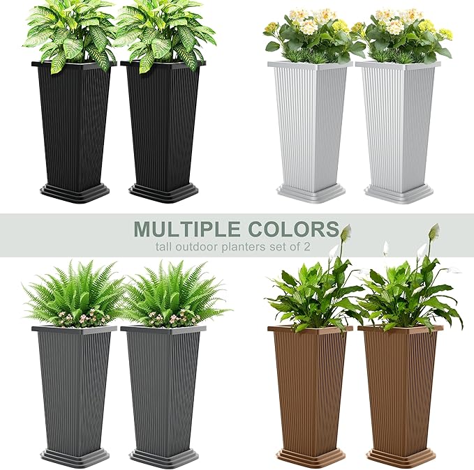 Set of 2 Tall Planters with Drainage Tray, 24 Inch Large Flower Pots for Indoor Outdoor Plants Mordern Planter Weather-Resistant for Patio, Front Door Decor, Garden (Gray Ribbed)