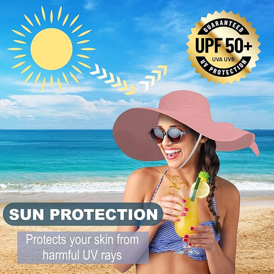 Women's Wide Brim UPF 50+ Straw Sun Hat with Bow - Foldable Packable Summer Beach Hat with Chin Strap
