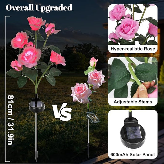 Solar Rose Lights Outdoor, 2 Pack with 14 Rose Flowers Waterproof Color Changing LED Flower Lights, Solar Powered Garden Stakes for Yard, Patio, Pathway Decor - Artificial Floral Decorative Lighting