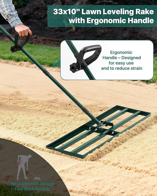 Lawn Leveling Rake 30x10'', Yard Leveling Rake for Soil with Adjustable Handle, Stainless Steel Lawn Leveler Tool for Garden, Backyard, Farm, Golf Course