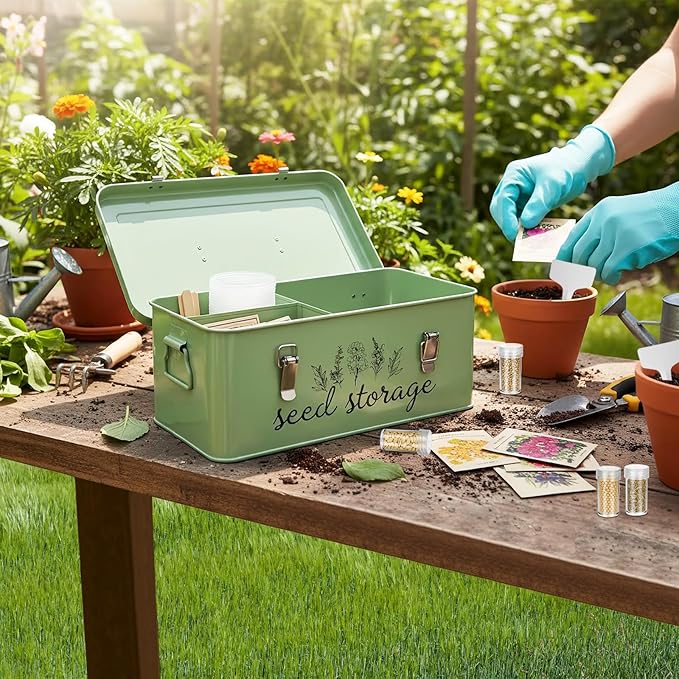 TINSKY Seed Storage Organizer Metal Seed Box with Lid and Locks Seed Saving Bank with 60 Seed Bottles, 30 Plant Labels and 60 Seed Envelopes, 3 Compartments, Suitable for Garden Floweren