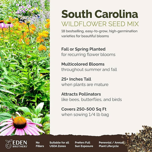Eden Brothers South Carolina Wildflower Mixed Seeds for Planting, 1/4 lb, 120,000+ Seeds with WallFlower, Primrose | Attracts Pollinators, Plant in Spring or Fall, Zones