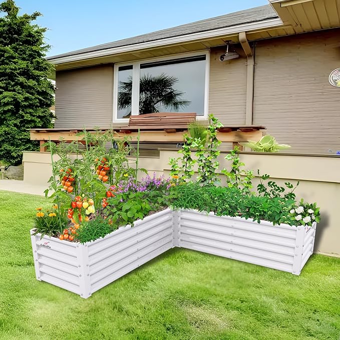 A ANLEOLIFE 4 Set L-Shaped Galvanized Raised Garden Beds Outdoor,74x74x18in Large Metal Planter Box for Planting Vegetables Flowers Herb, Anti-Rust & Easy-Setup, Antique White