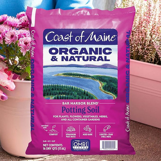 Coast of Maine Organic & Natural Bar Harbor Blend Potting Soil - Organic Soil w/Perlite for Enhanced Drainage & Aeration - for Flowers, Herbs & Veggies, Floral Baskets & Container Gardening (16 QT)
