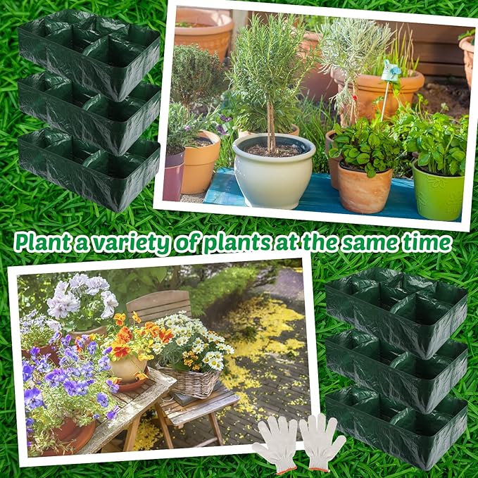 Gerrii 6 Pack 35 Gallon Fabric Raised Garden Beds Rectangle Garden Planting Bed with 6 Divided Grids Drainage Holes 4 Pcs Warehouse Gloves for Vegetables Flowers Tomatoes Herb(Polypropylene, Cotton)